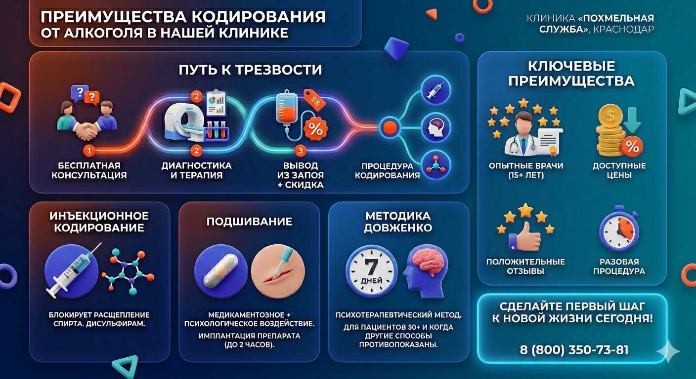 Инфографика о методах кодирования от алкоголя в Волоколамске: инъекции, подшивание, метод Довженко. Преимущества клиники и этапы лечения.