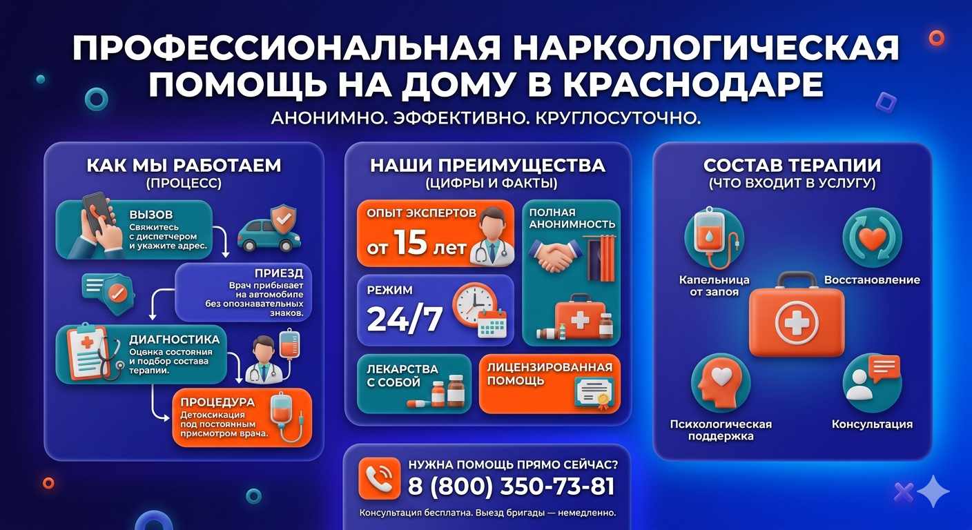 Инфографика о принципах лечения алкоголизма на дому в Волоколамске: этапы вызова нарколога, преимущества анонимной детоксикации и состав медицинской помощи.